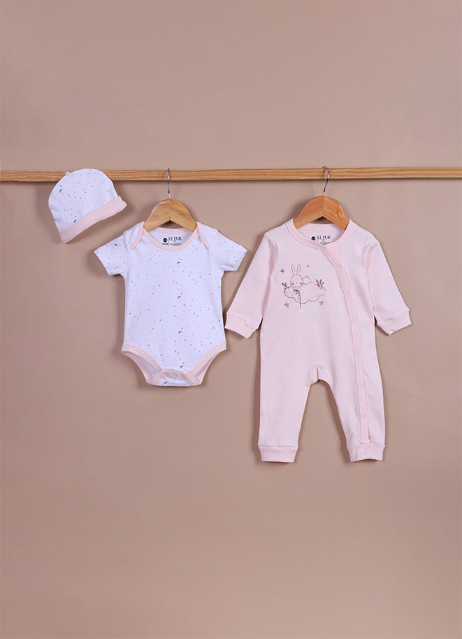 Le Pur Biocool Cotton Baby Girl All-In-One Set – Bodysuit, Sleepsuit & Cap (Peach) - LE PUR!